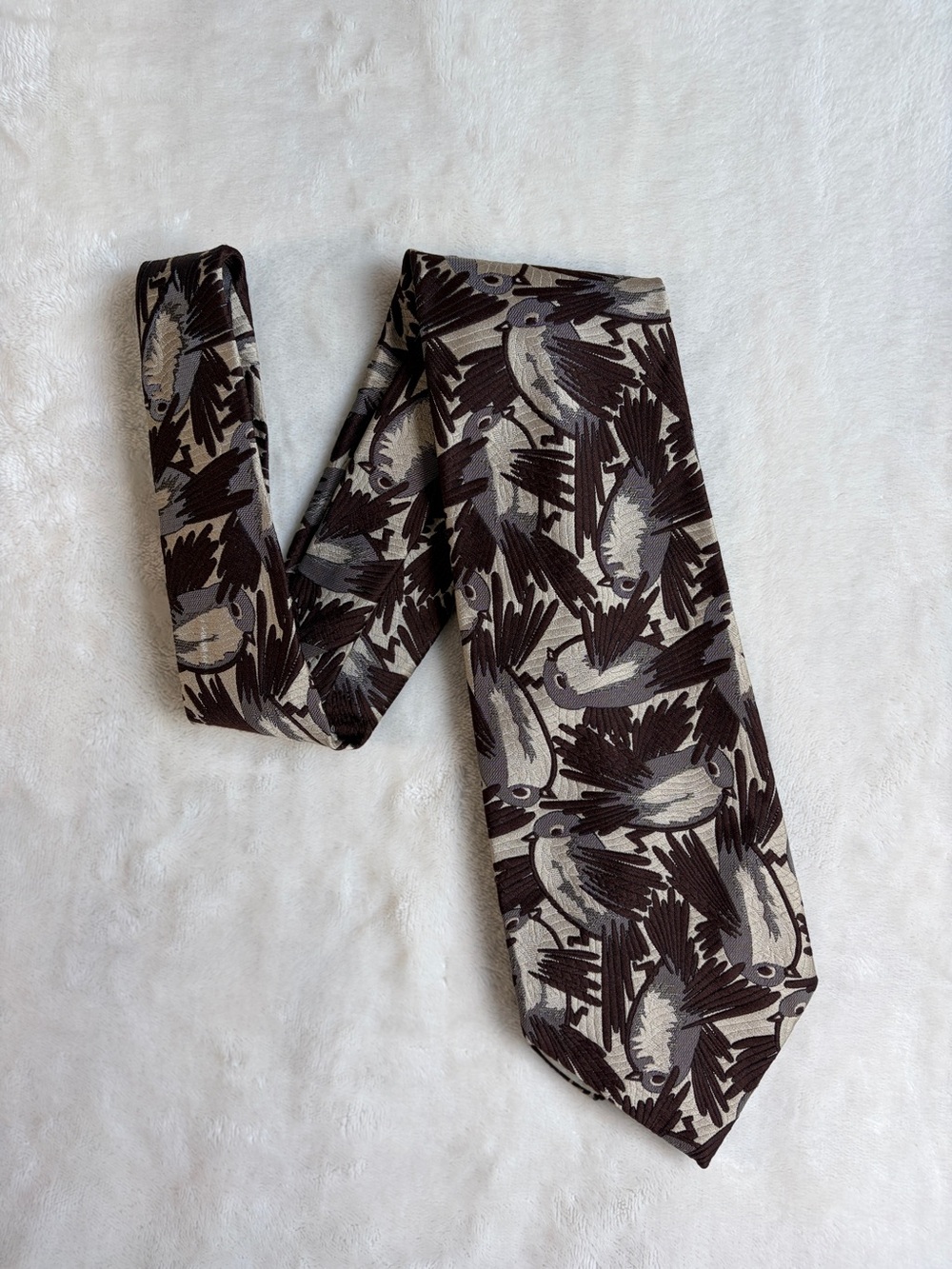 Vintage Rosani Men's Bird-Pattern Silk Tie in Brown and Gray